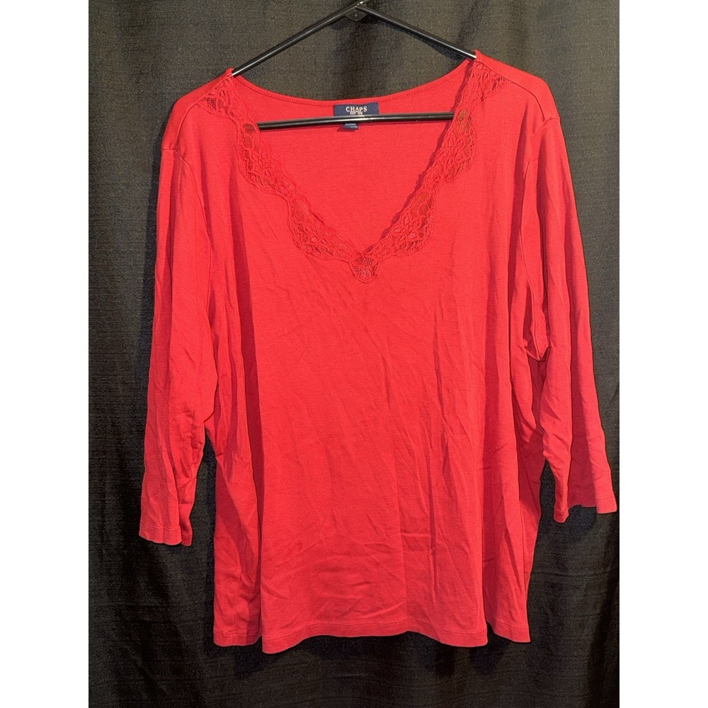 Chaps Women's 3X Red Lace V-Neck Long Sleeve 100% Cotton Plus Size Top